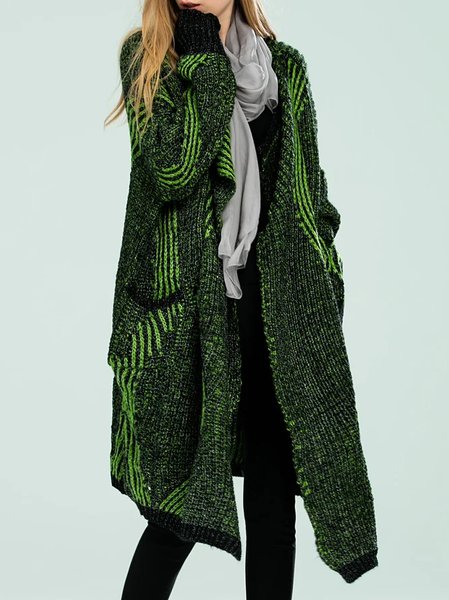 Green Wool Blend Geometric Casual Cardigan - StyleWe.com
